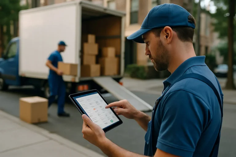 Equipo de mudanzas coordinando gestion con CRM en tableta