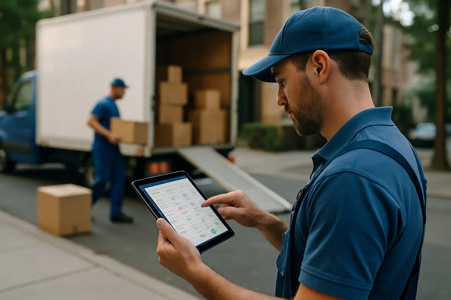 Equipo de mudanzas coordinando gestion con CRM en tableta