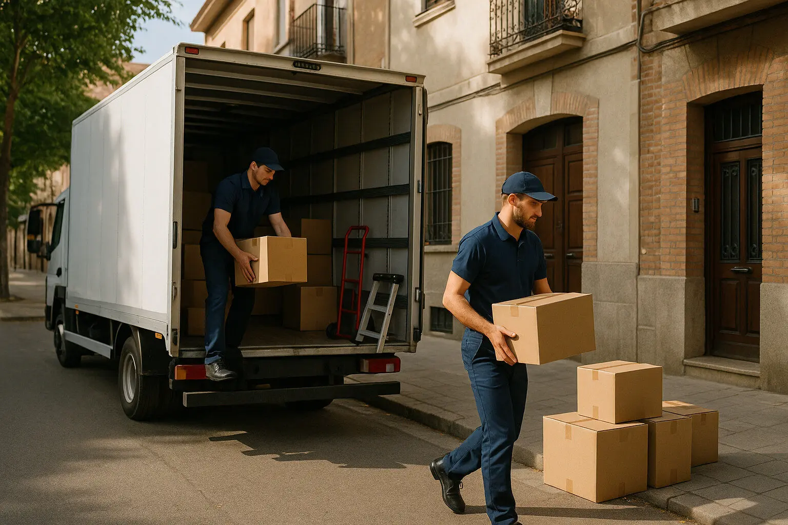 Mudanza profesional en ciudad espana con camion y trabajadores