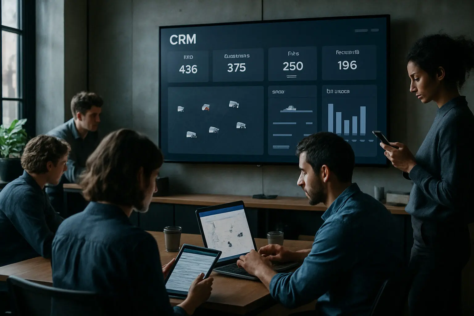 Equipo de mudanzas revisa crm en monitor