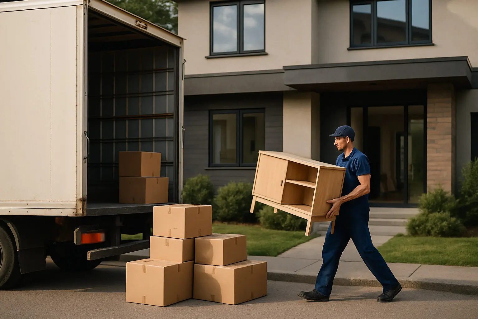 Equipo mudanza cargando cajas en vivienda