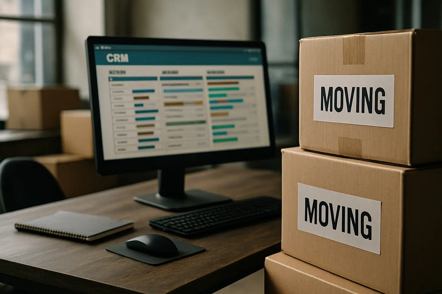 Gerente revisando crm de mudanzas en la pantalla